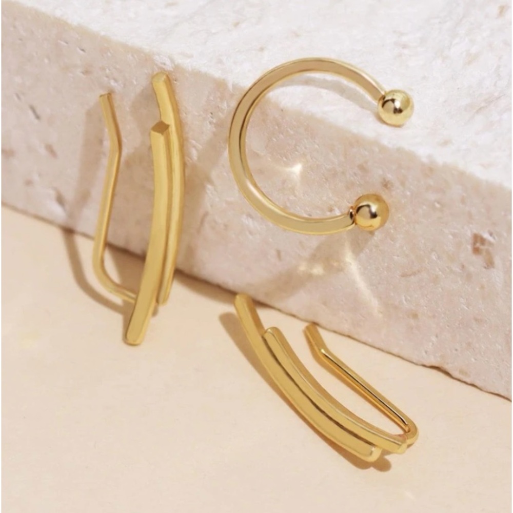 3 Piece Dainty Delicate Shimmering Gold Ear Climber+Ear Cuff Set